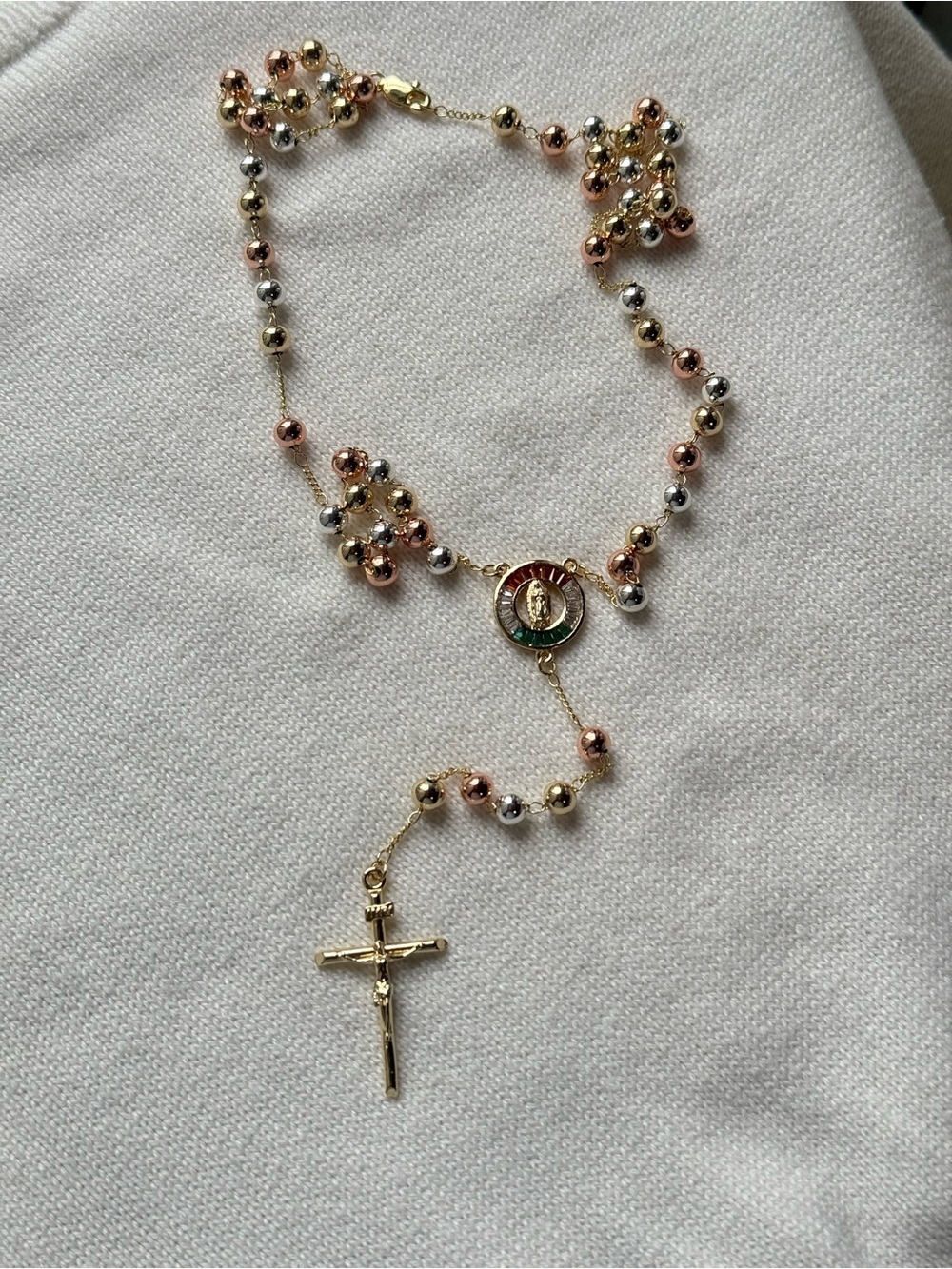 Virgen de Guadalupe Tri-Tone Men's Rosary Necklace with Gold Crucifix